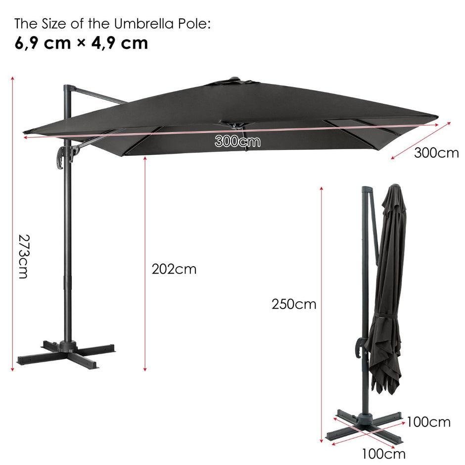 Parasoll – fyrkantigt fribärande med vev – 300 x 300 cm – Svart
