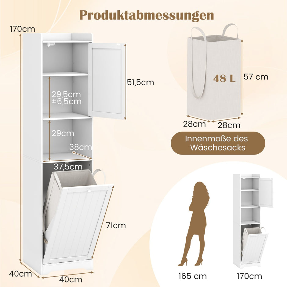Badrumsskåp – hög och smal tvättstolpe med förvaringsutrymme justerbar hylla tvättpåse – 170 cm – Vit