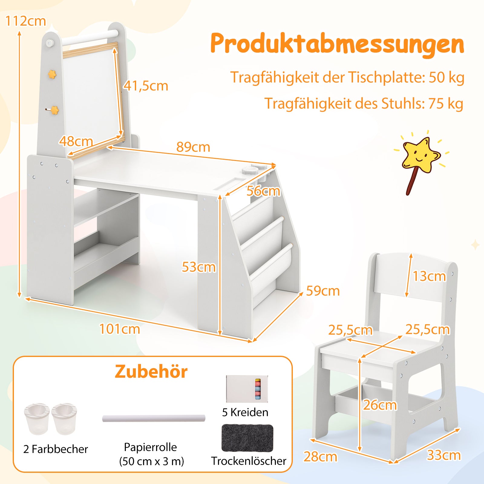 Barnkonstbord – och stolset Barnbord med staffli Whiteboard griffeltavla – Grå