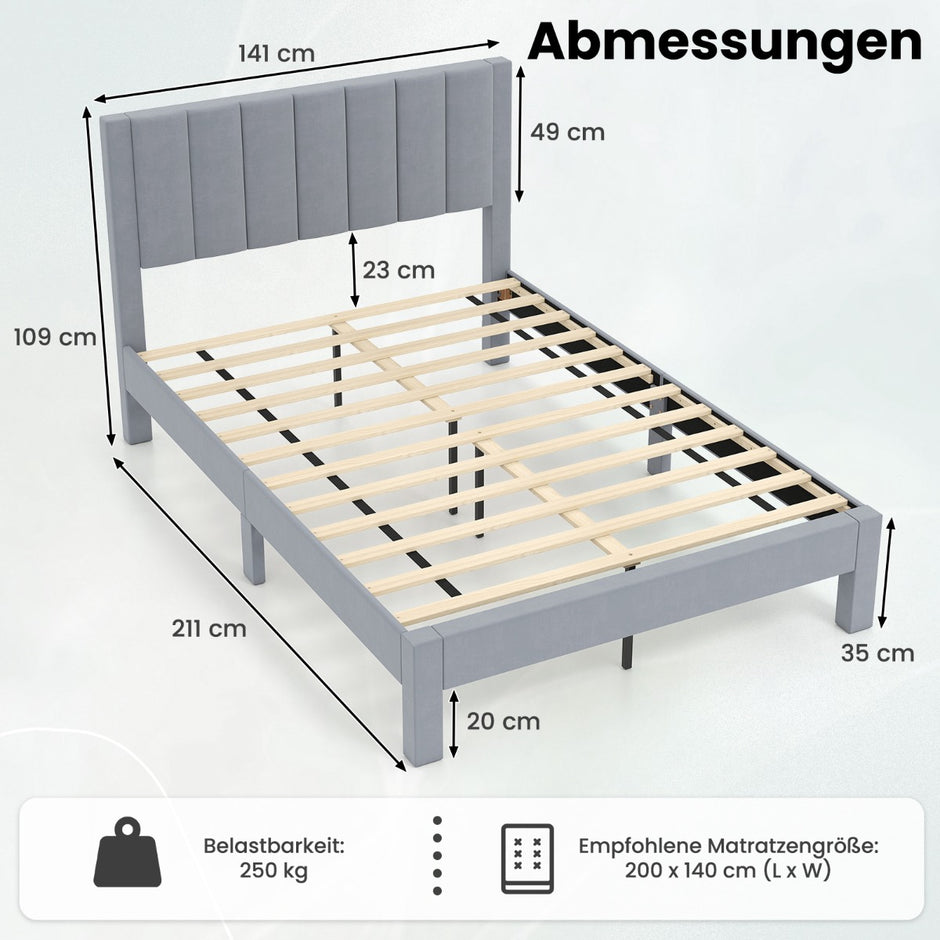 Sängram – för madrass, sammetstyg, vadderad plattformssäng – 200 x 140 cm – Grå