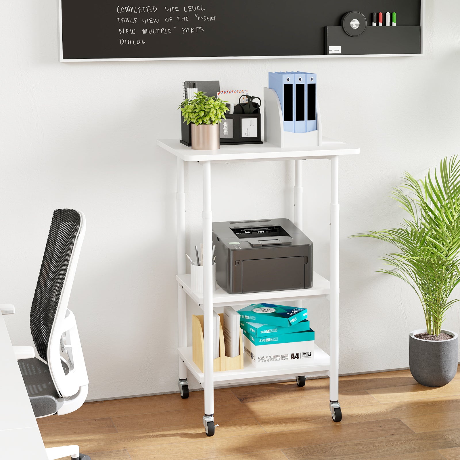 stegs – höjdjusterbar skrivarbord med hyllor och hjul – 3 – Vit