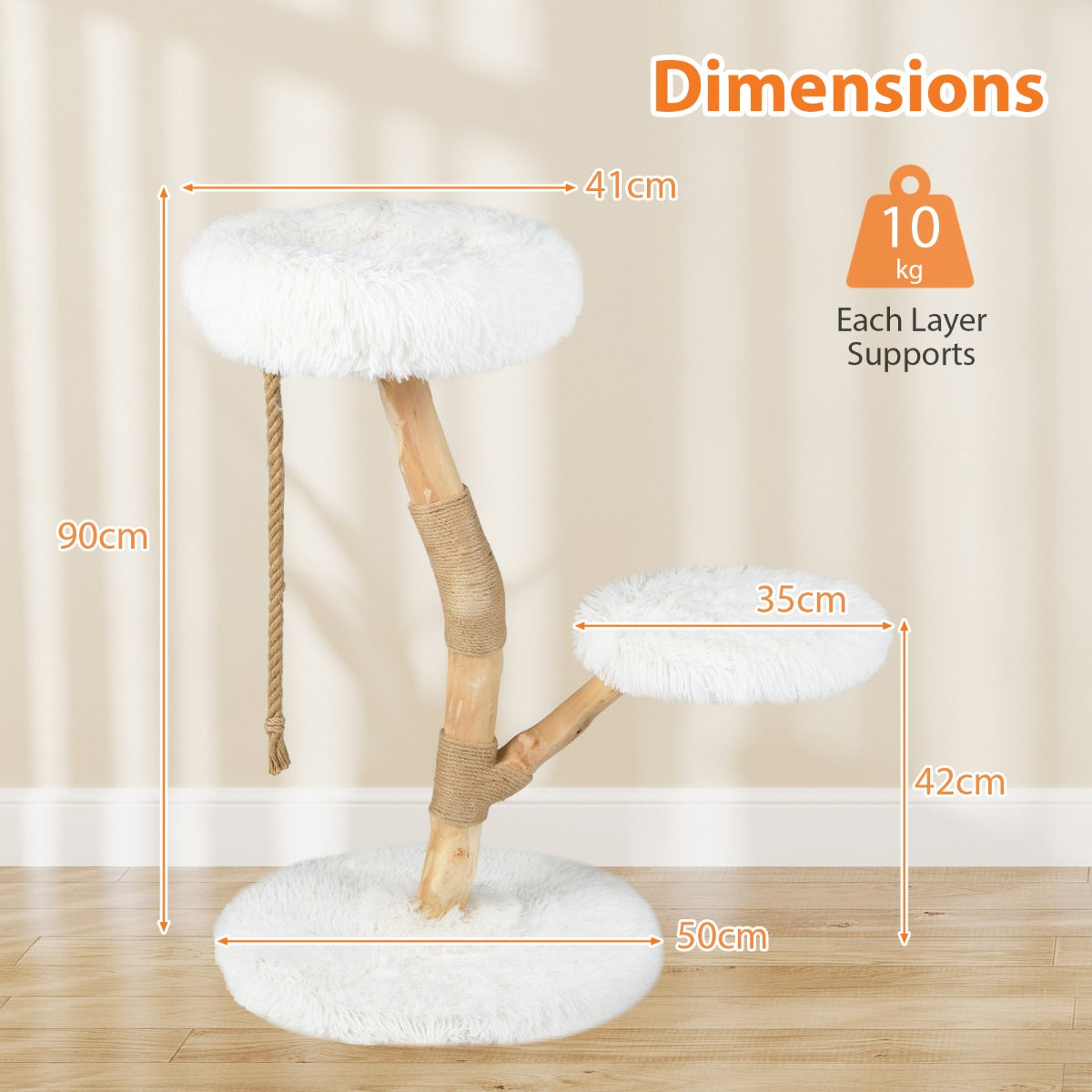 Massivträ – Kratzträd med Plüschsittplatser Rep och Kratzstolpar Kattträd torn – 3 90 cm – Vit