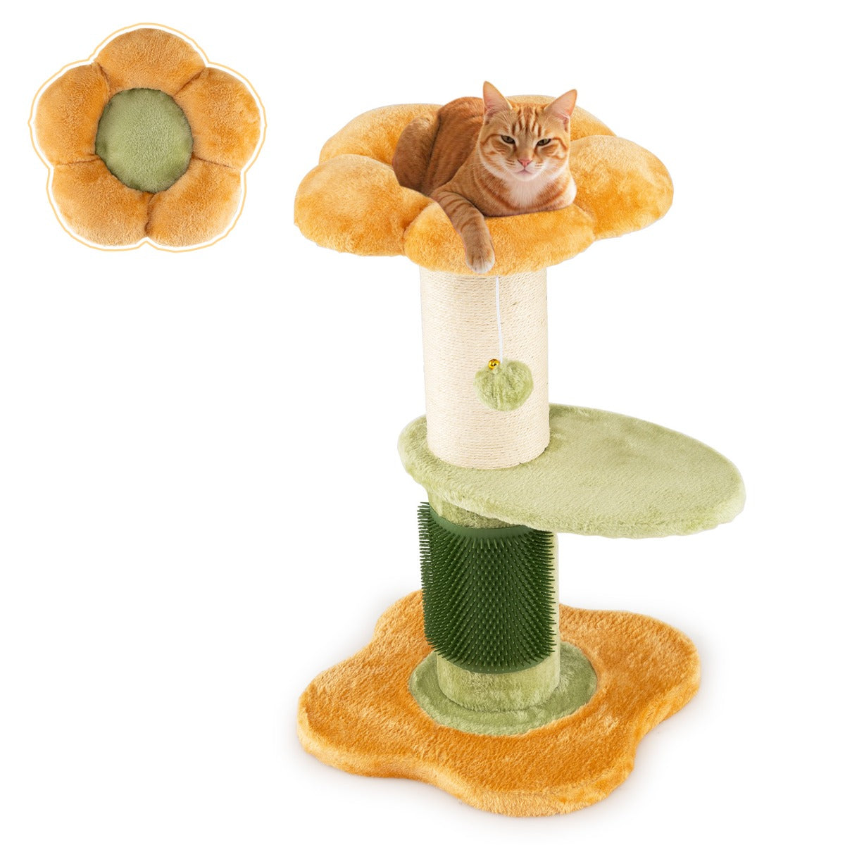 Blommig – kattklätterträd med vadderad plyschsits Litet Gult – 69 cm – Gul