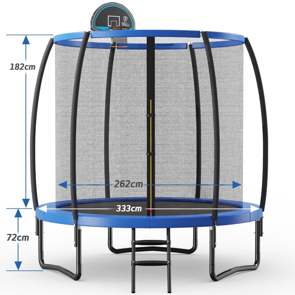 Utomhusstudsmatta – med stege och basket skyddsnät kantskydd – Ø 333 cm – Svart