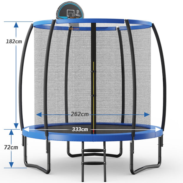 Utomhusstudsmatta – med stege och basket skyddsnät kantskydd – Ø 333 cm – Svart
