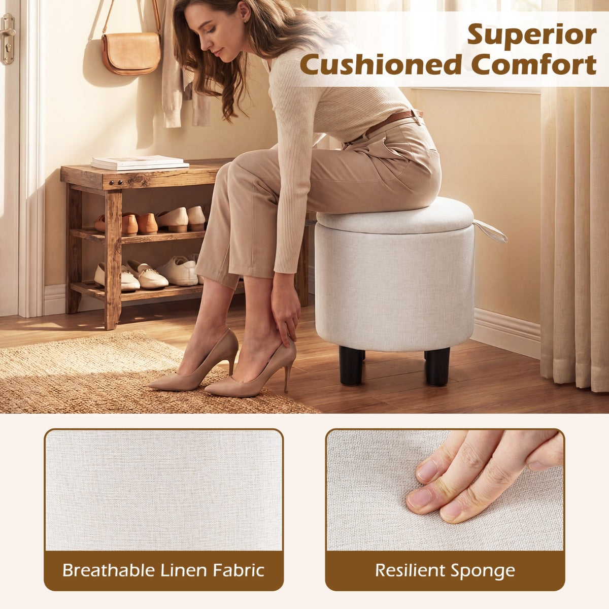 Rund – sittpall i linne cm, vadderad fotpall med förvaring – Ø 38 – Beige