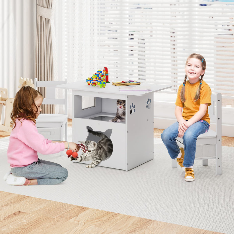 i – barnstolsgrupp med kattkoja delat barnbord stolar inkl. tygboxar – 2 1 3 2 – Vit