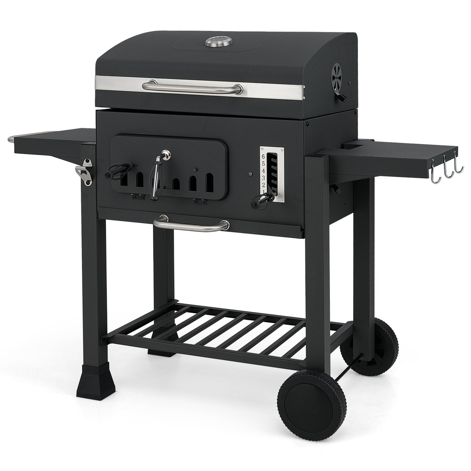 Fass – Holzkolsgrill med fällbara sidobord Utomhusgrill förvaringsfack och hjul – 2 – Svart