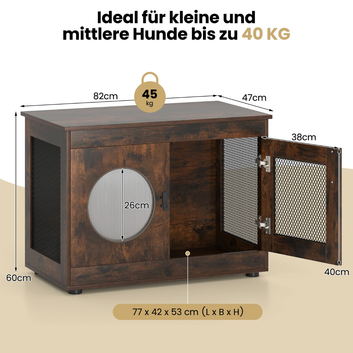 Hundbur – djurbur hundbox i möbelstil med dörr och PC fönster husdjursbur för små medelstora hundar katt – 82 x 47 x 60 cm – Brun