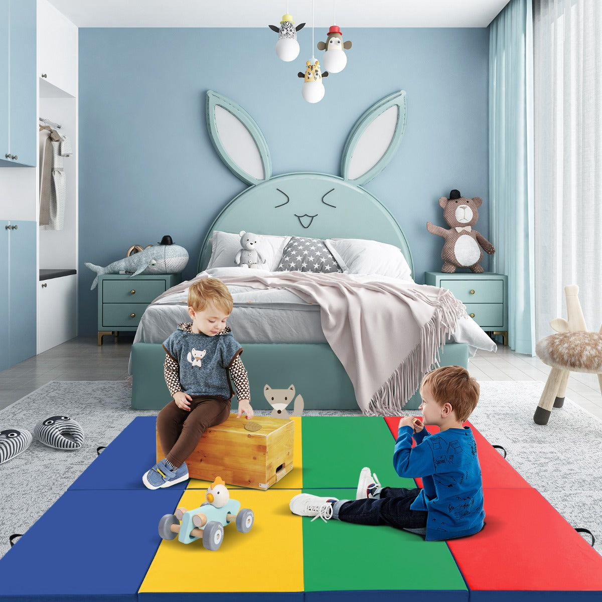 Mjuk – golvmatta av konstläder med bärhandtag och klätterlås – 300 x 117 x 5 cm – Färgglad