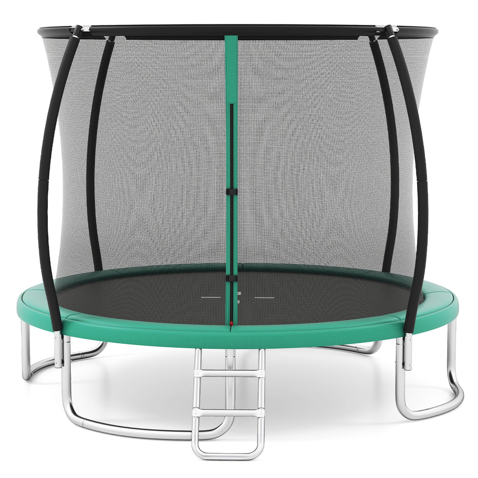 Trampolin – utomhus med stege, rund säkerhetsnät, kantöverdrag och metallram – Ø 305 cm – Grön