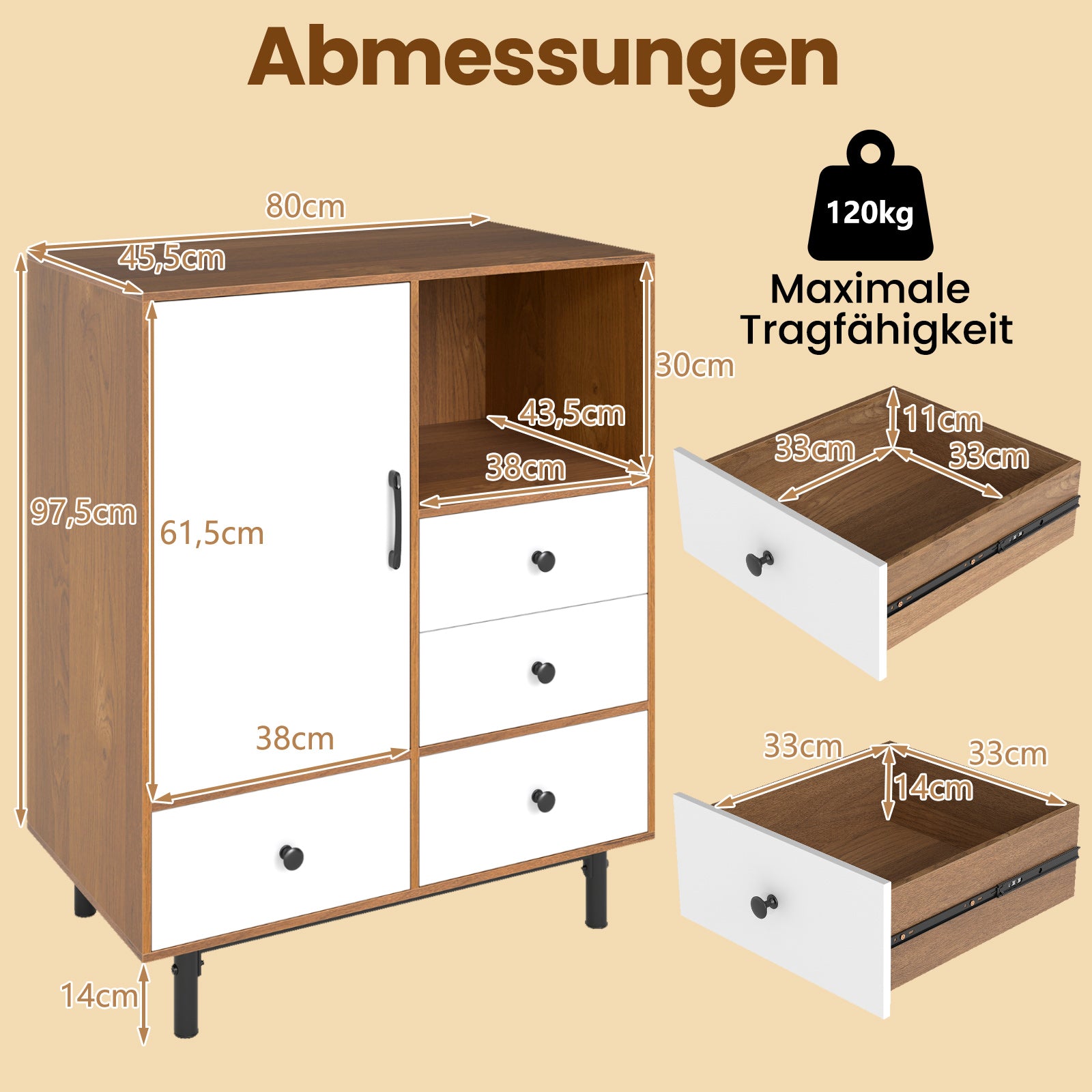 Buffet – sido bord medeltida modern förvaringsskåp med lådor och öppen hylla i – 4 – Natur
