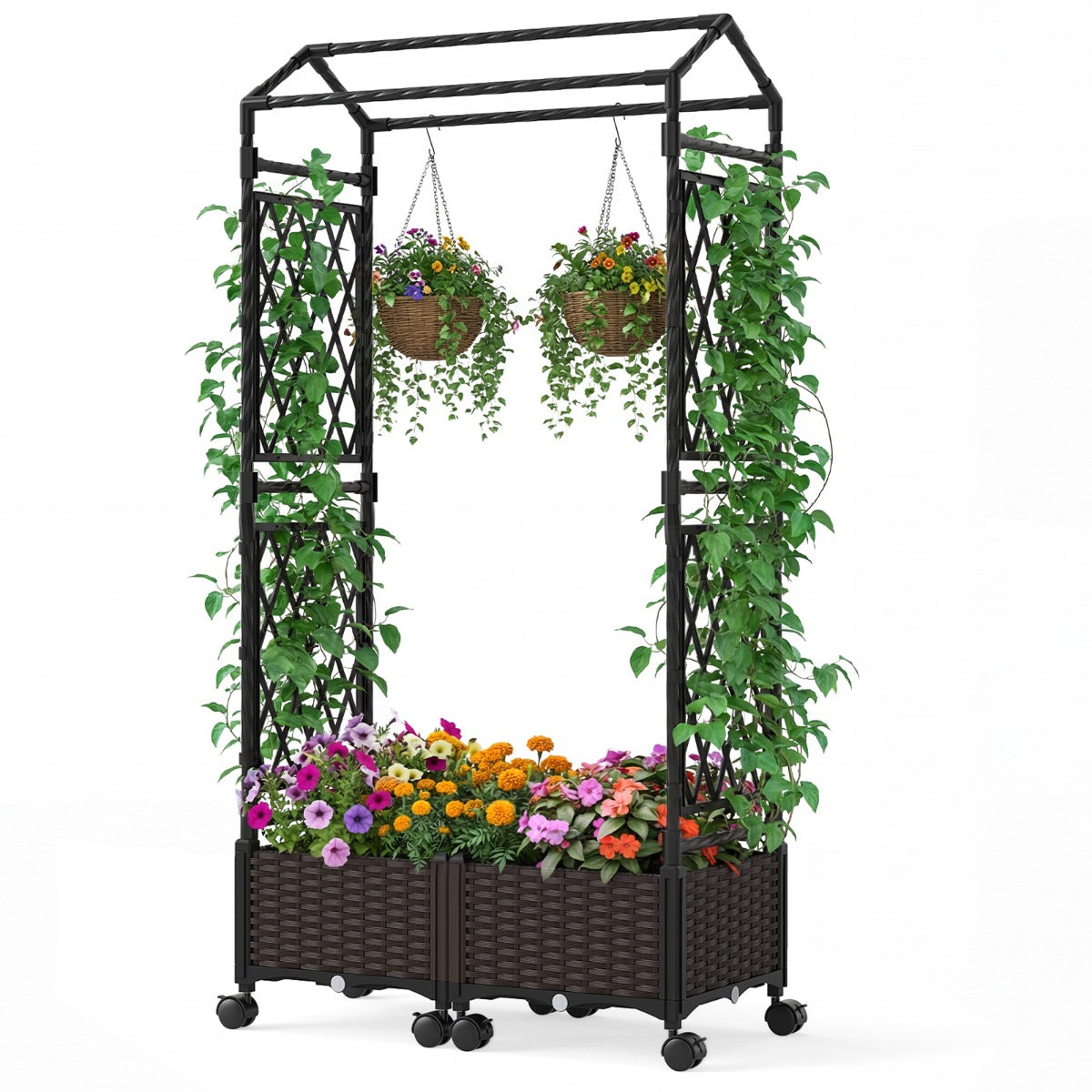 Blomlåda – med klätterstöd och hängande tak Höglätt på låsbara hjul – 154 x 40 x 162 cm – Brun
