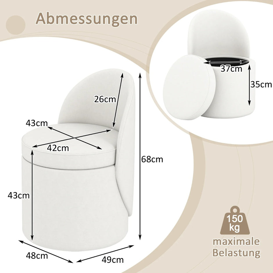 sminkpall – med ryggstöd och svampvadderad sits Sittpall Ottoman – 38 L 9 cm – Vit