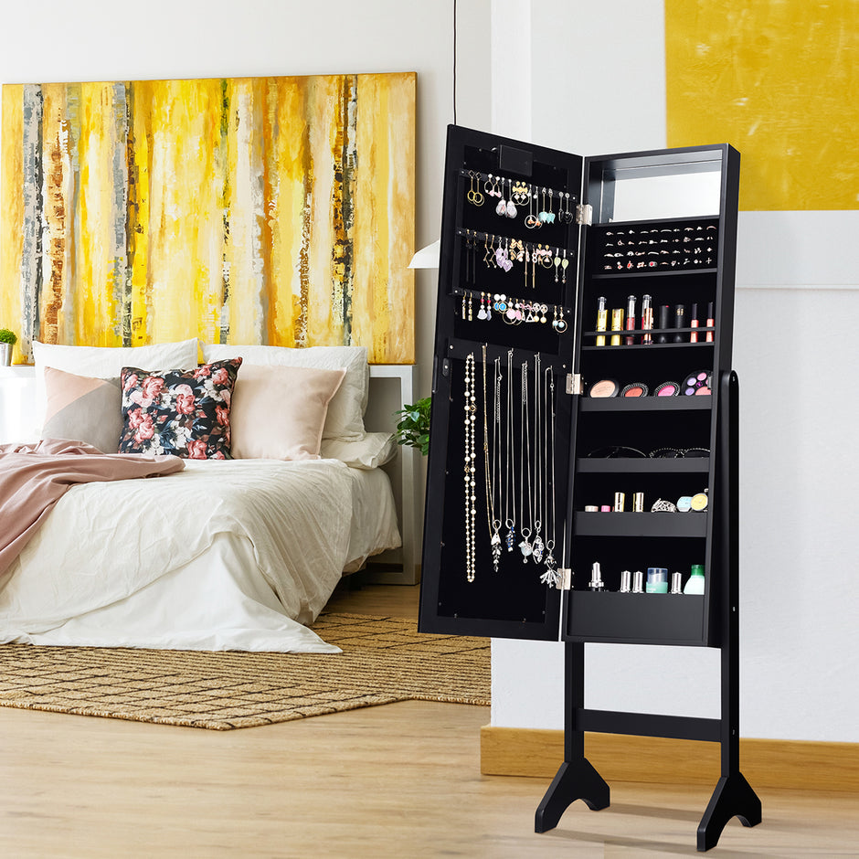 LED smyckesskåp – Lutning Justerbar Stående Design Smyckehylla med fullängdsspegel – 18 35 x 31,5 x 145 cm – Svart