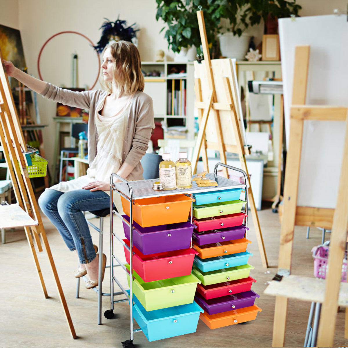 Vagn – med stapelbara lådor Rullbehållare /Gul Färgrik – 15 62,5 x 37 x 87 cm – Färgglad