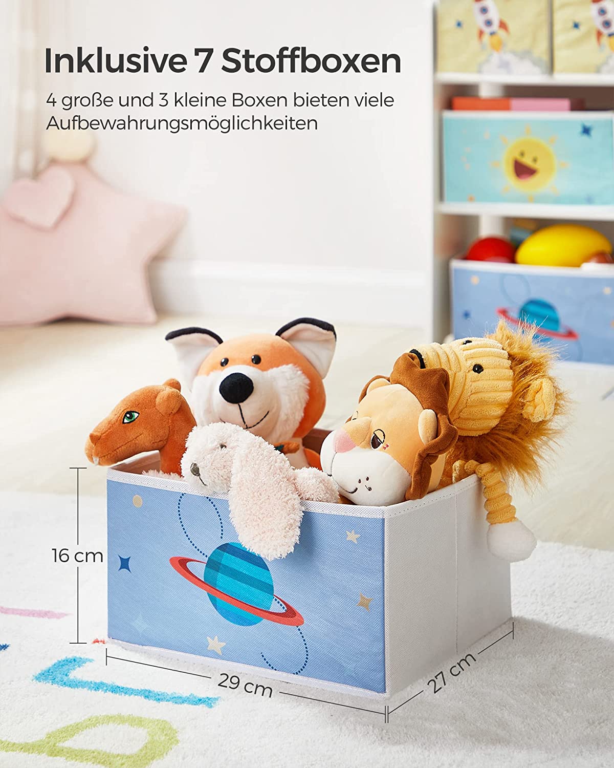 Kindergärtenständer - Spielzeugschrank - mit 7 Aufbewahrungsboxen mit Stoffen - Weiß