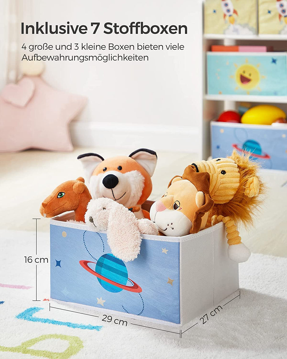 Kindergärtenständer - Spielzeugschrank - mit 7 Aufbewahrungsboxen mit Stoffen - Weiß
