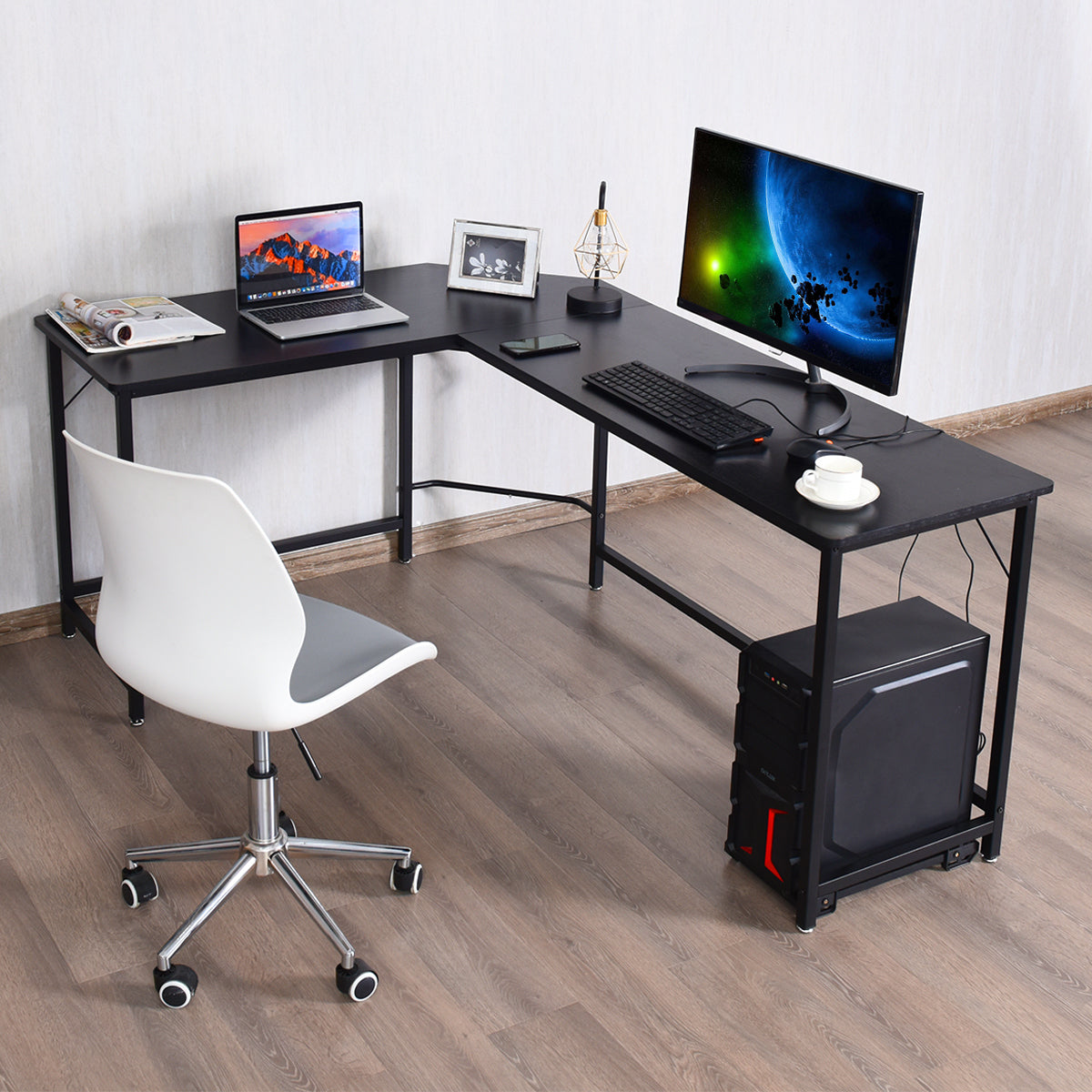 L – format datorbord PC hörn skrivbord /naturligt – 168 x 125 x 74 cm – Svart
