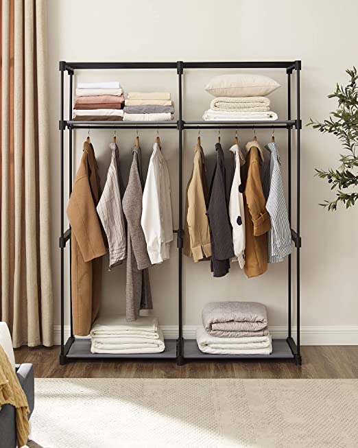 Kleiderschrank - Stoffschrank - 2 Bekleidungsschienen - 6 Regale - Verschiedene Montageoptionen - 88 x 45 x 168 cm