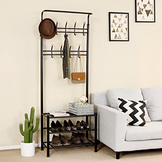 Kleidungsregal - mit 3 Schuhregalen - mit 18 Haken - Metall - 68,8 x 35,2 x 187 cm