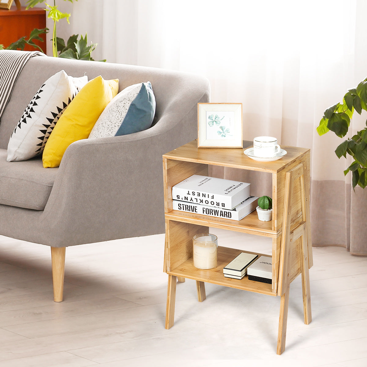 Set – med sängbord stapelbart i bambu nattduksbord öppet fack – 2 – Natur