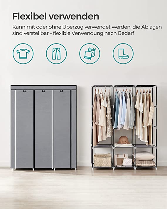 Kleiderschrank - Stoffkoffer - 2 Hangabschnitte - mit Regalen - Grau