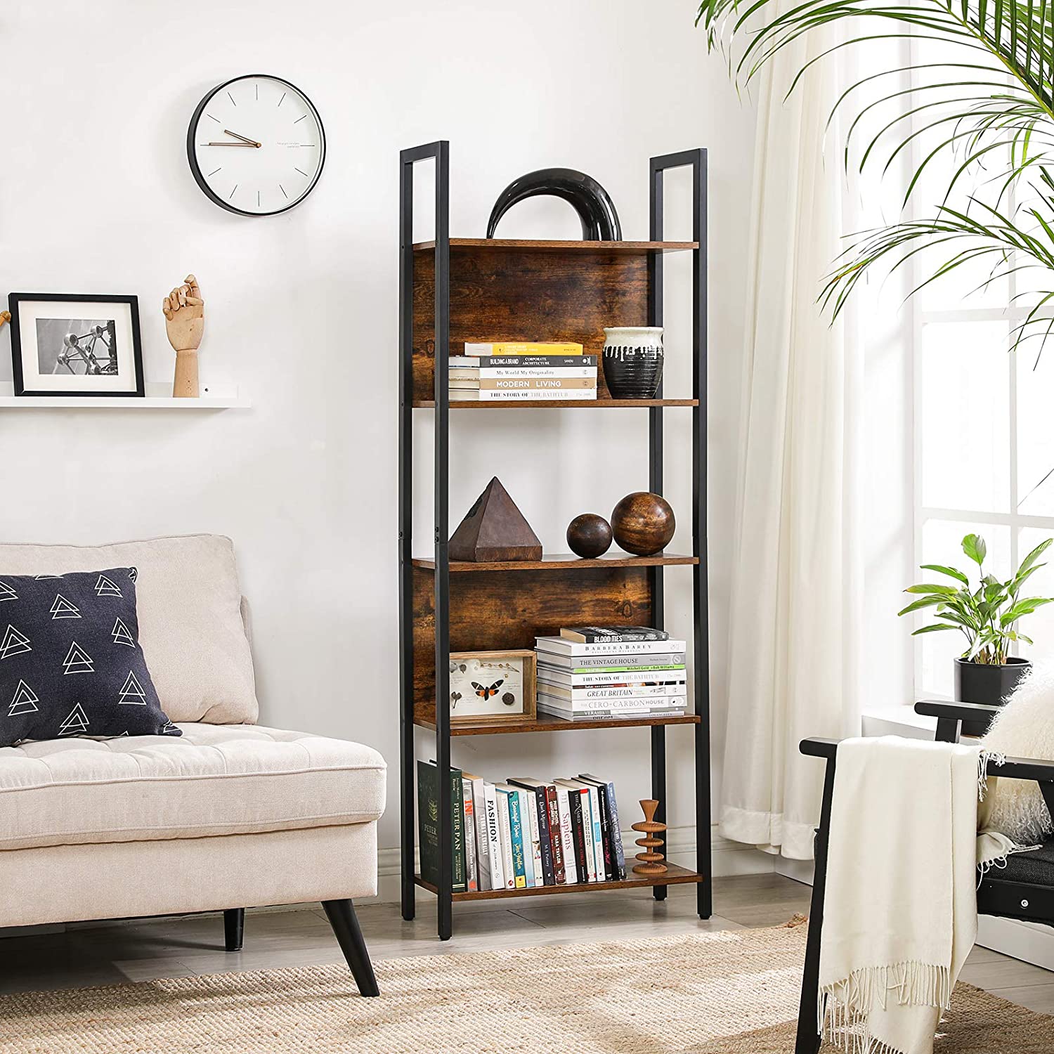 Buchregal - Wohnzimmerschrank - Holzbretter - Metallrahmen - Brown