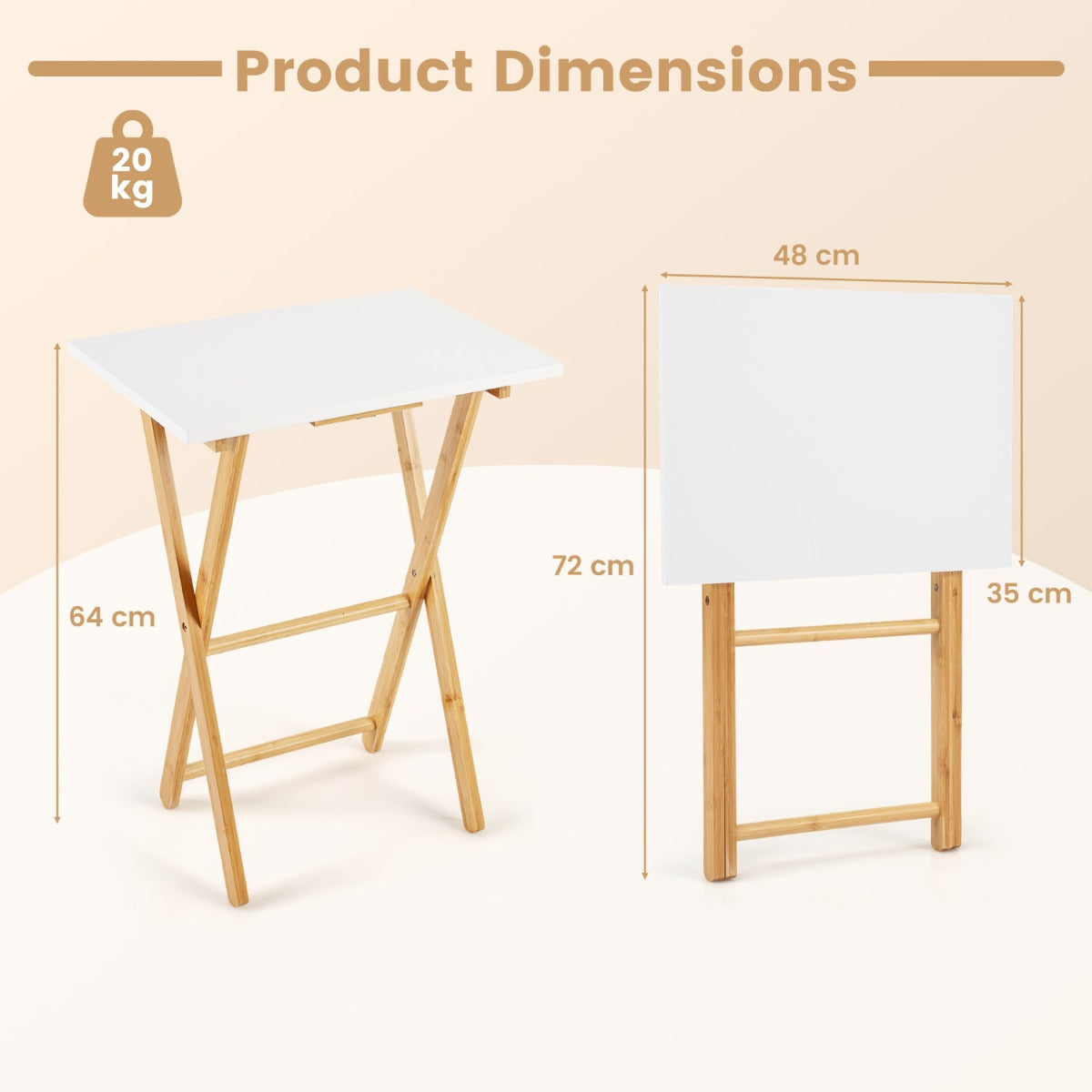 pack – hopfällbara TV brickor i bambu Bärbart sidobord, och – 2 – Natur + vit