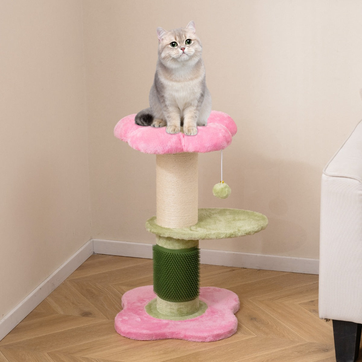 Blommig – kattklätterträd med vadderad plyschsits Litet – 69 cm – Rosa