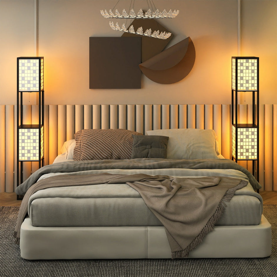 lågig – golvlampa med hyllor och fotbrytare Trähyllalampa – 2 2 – Svart