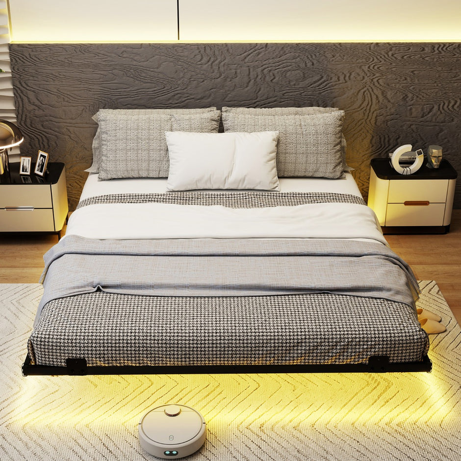 Queen – Size Svängsängsställning mit LED Belysning Modern Sängställning av Metall – 160 x 200 cm – Svart