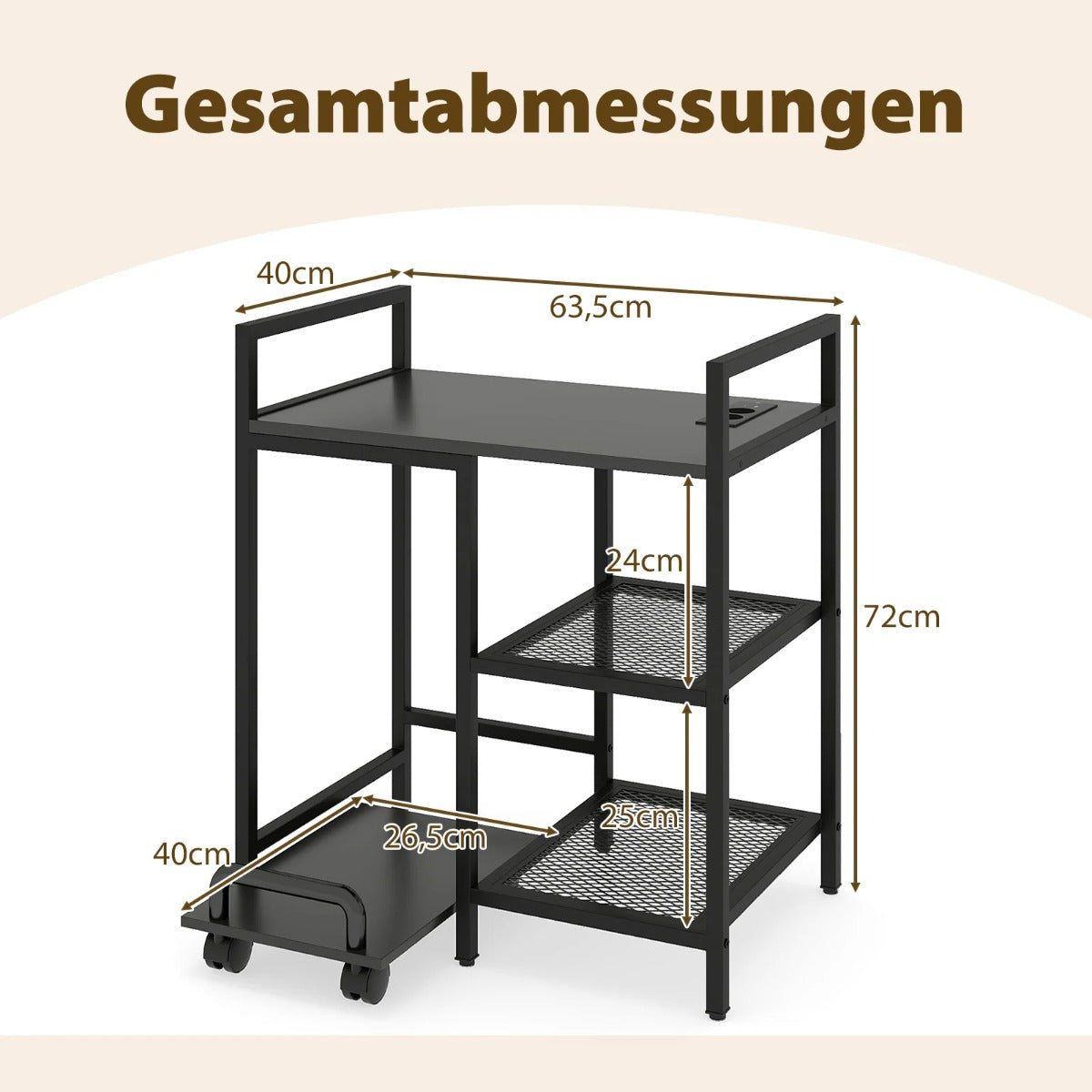 stegs – skrivarställ med laddningsstation, mobil skrivbord förvaringsfack – 3 – Svart