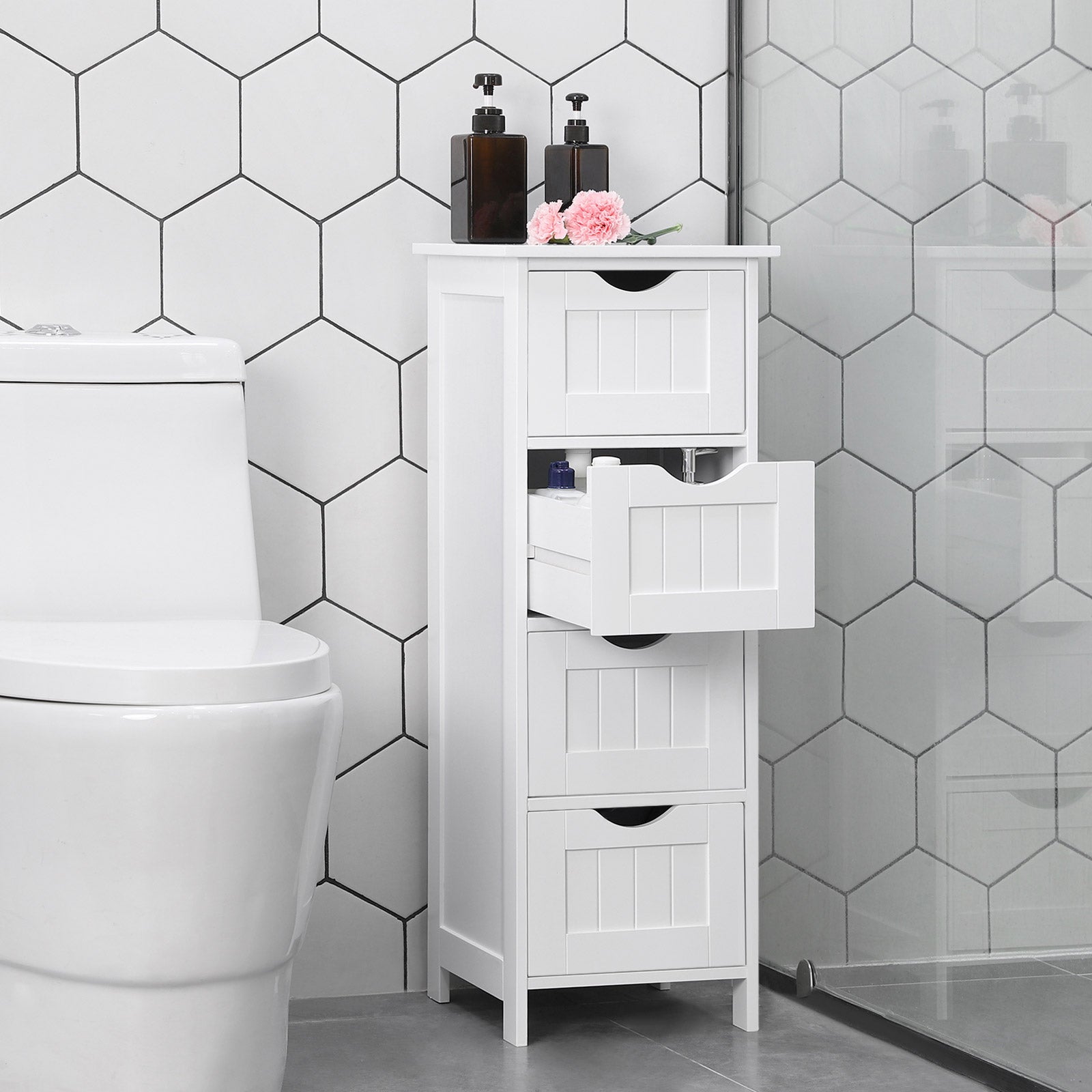 Badezimmerschrank - schmal - 4 Schubladen - 30 x 30 x 82 cm - Weiß