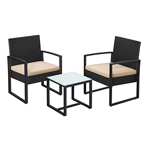 Gartenmöbelset - Loungeset - Rattan -Look - 2 Stühle und Glas Tisch - Schwarz