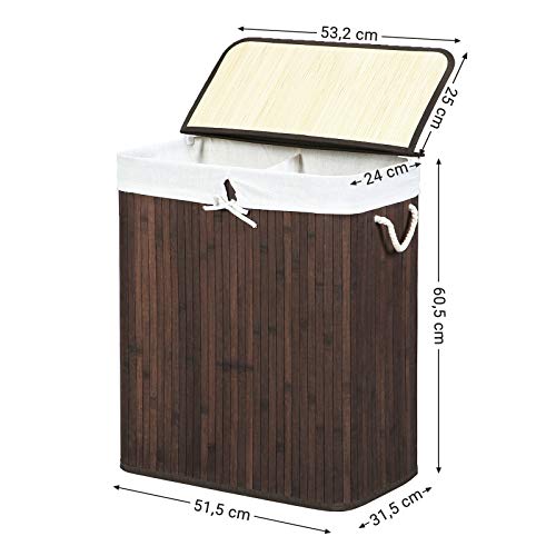 Wäschereikorb - Bambuswäsche - mit 2 Fächern, Deckel und abnehmbarer Wäschebeutel