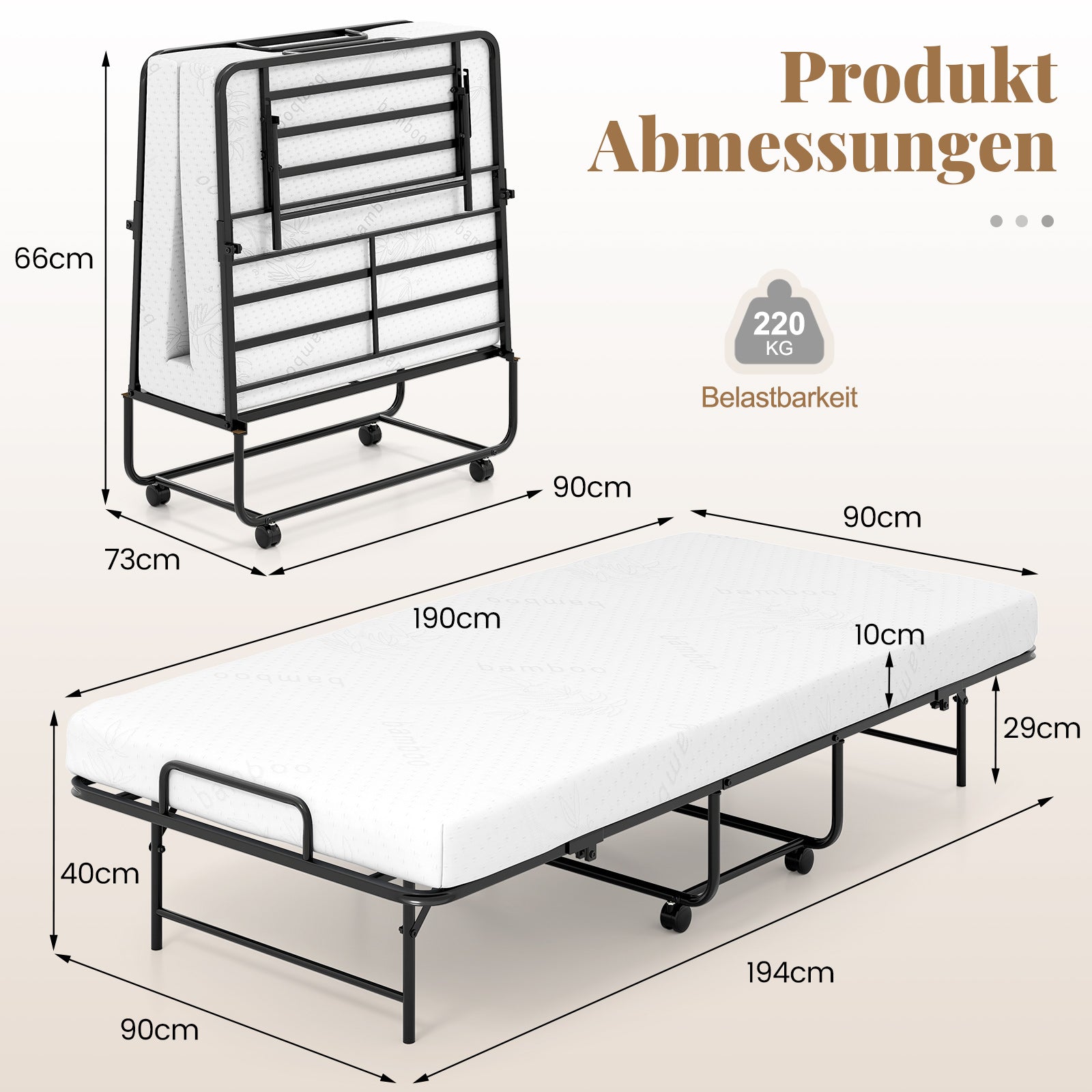 Gästebädd – med madrass Fällbar enkelsäng Stabil metallbädd en belastning på upp till Bärbar – 220 kg 90 x 190 cm – Vit