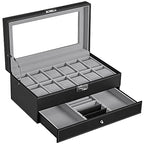 Watchbox - mit Schublade - 12 Uhren - Schmuckschachtel - Glasdeckel - Schwarz