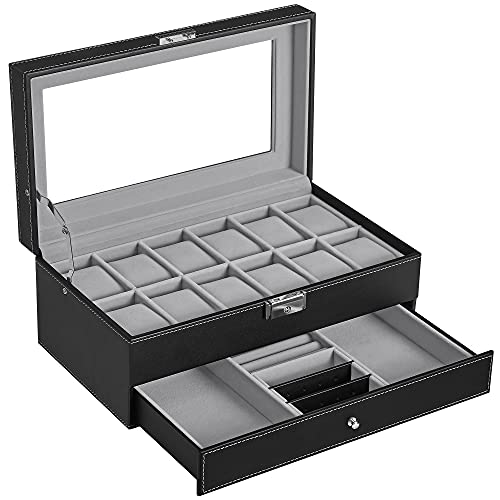 Watchbox - mit Schublade - 12 Uhren - Schmuckschachtel - Glasdeckel - Schwarz