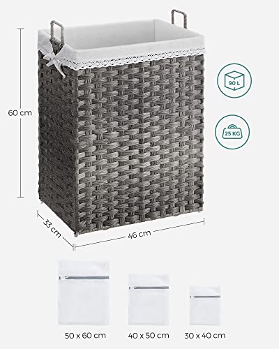 Wäschereikorb - 90 Liter - Stoffsammler - Abnehmbare Innentasche - 2 Waschbeutel aus Stoff - Grau