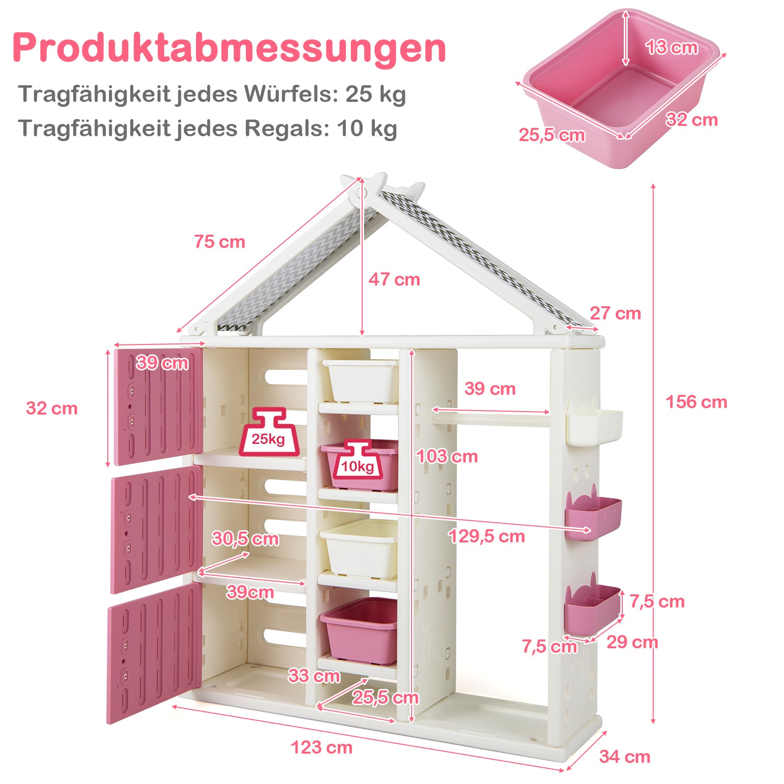 Barnhylla – i husform med klädhängare Barnbokhylla Leksakshylla hyllor – Rosa