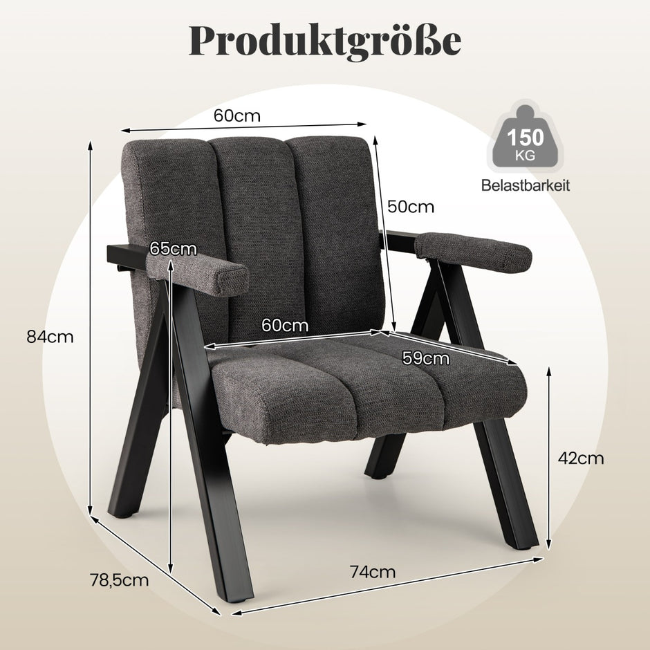 Polstret – loungestol med armlæn og metalramme, moderne sofa afslapningsstol – Grå