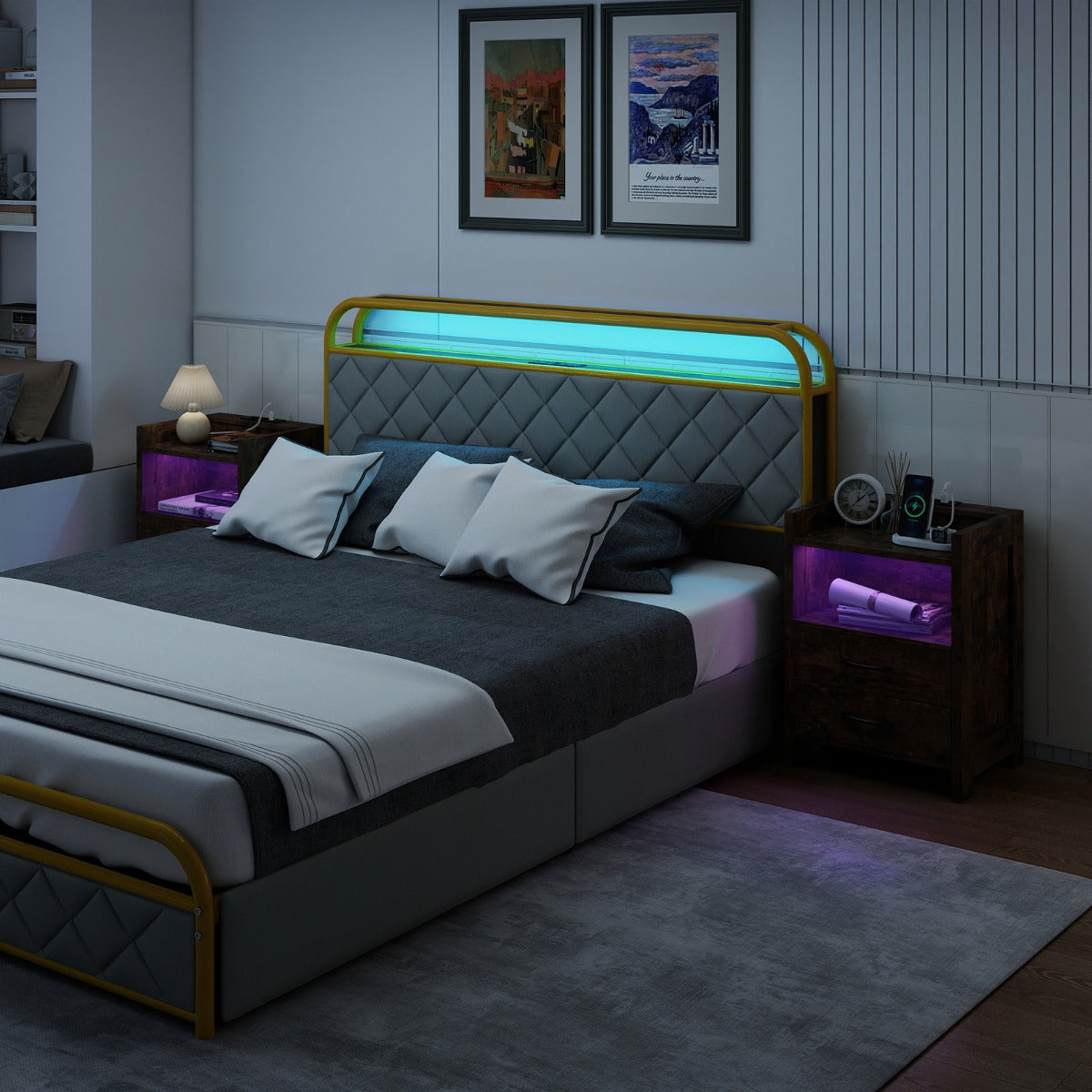 Nattduksbord – med LED belysning och laddningsstation lådor öppet förvaringsfack Sidobord Rustikt Brunt – 2 45 x 35 x 60 cm – Rustik brun