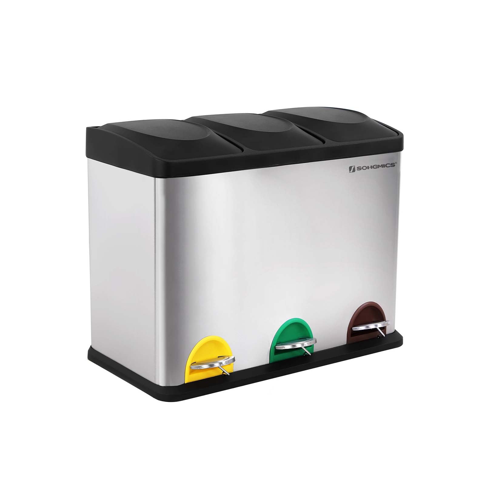 Abfallbehälter - Küche Prullen -Behälter mit Pedal - 45 l (3 x 15 l) - Edelstahl - Silber/Schwarz