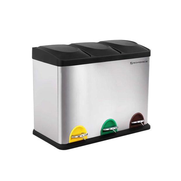 Abfallbehälter - Küche Prullen -Behälter mit Pedal - 45 l (3 x 15 l) - Edelstahl - Silber/Schwarz