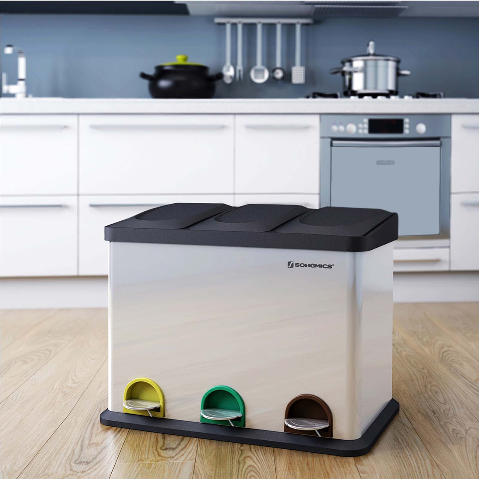 Abfallbehälter - Küche Prullen -Behälter mit Pedal - 45 l (3 x 15 l) - Edelstahl - Silber/Schwarz