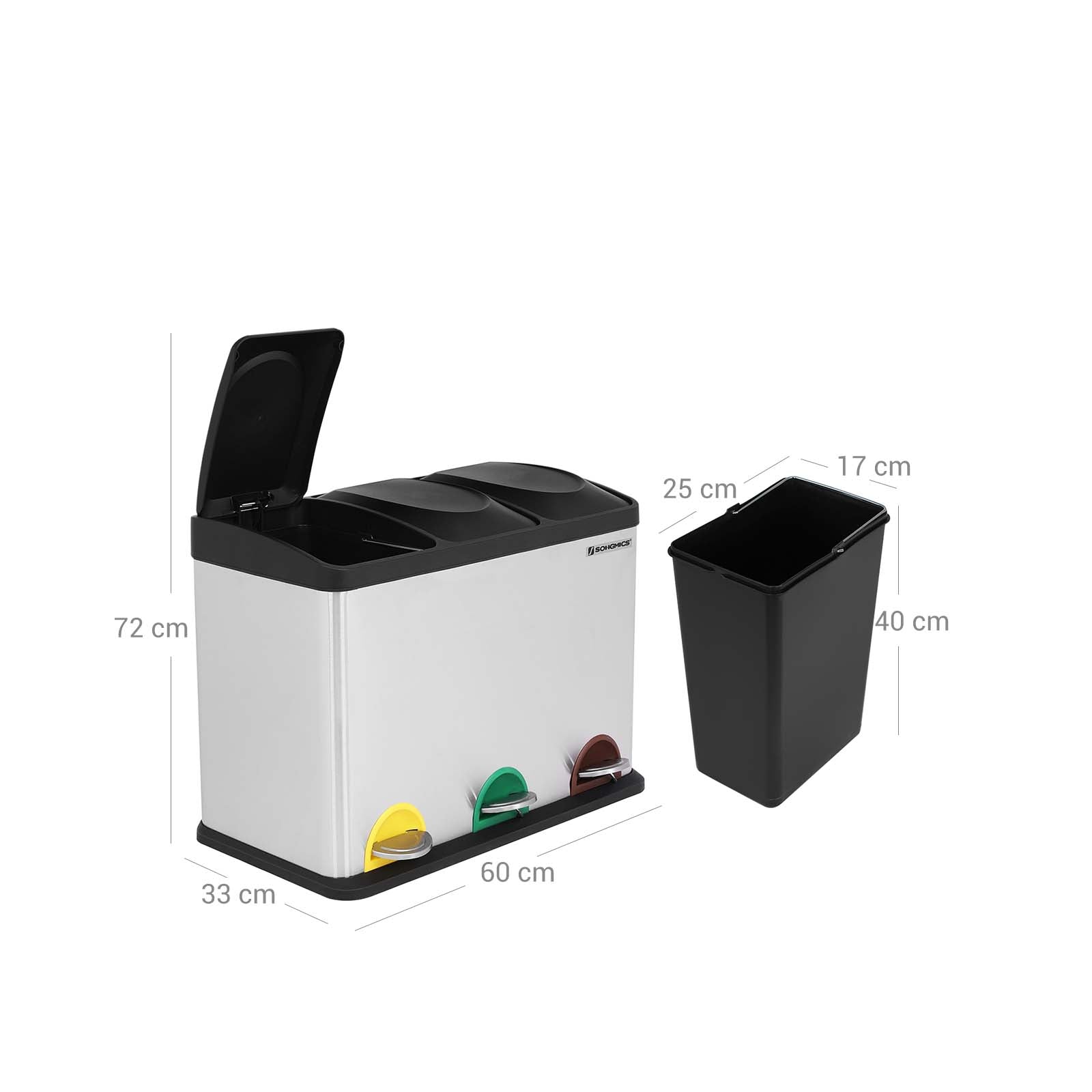 Abfallbehälter - Küche Prullen -Behälter mit Pedal - 45 l (3 x 15 l) - Edelstahl - Silber/Schwarz