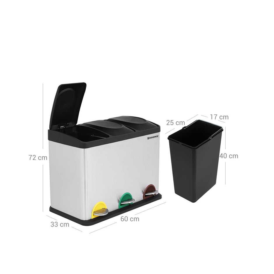 Abfallbehälter - Küche Prullen -Behälter mit Pedal - 45 l (3 x 15 l) - Edelstahl - Silber/Schwarz
