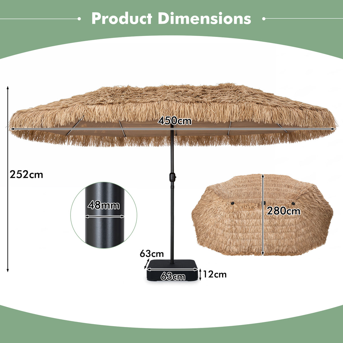 Hawaii‑solparaply – med LED och paraplystativ, halmparaply vev, solskydd metallstödben – 12 450 cm