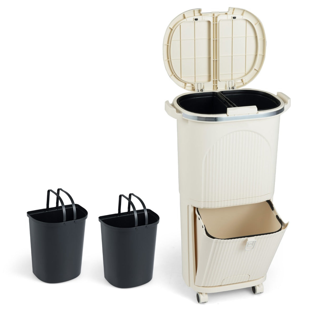38L – Soptunna med Utbytbar Hink och Lock Fotpedal Hjul Sopkärl – 2 – Beige